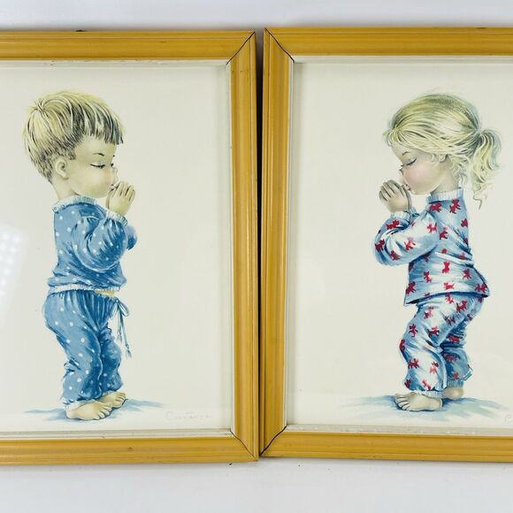 VTG Framed Prints Constanza Bedtime Children Saying Prayers Boy Girl Pair MCM - Picture 1 of 7
